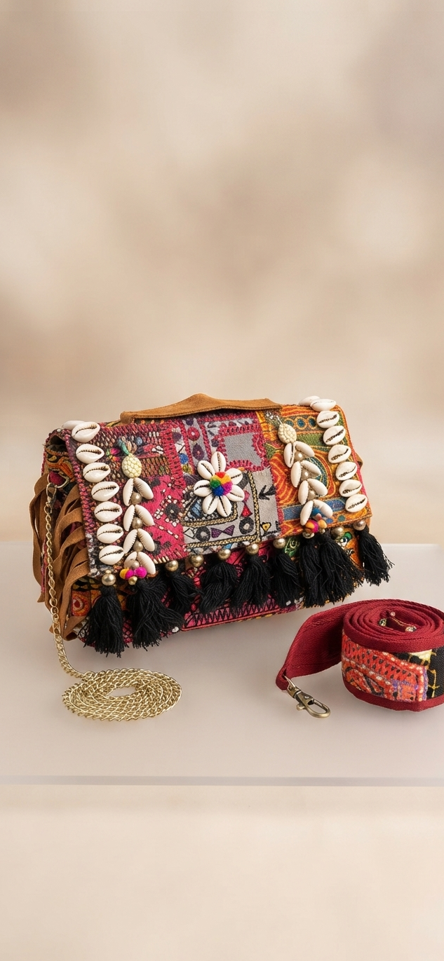 Hand Embroidered Boho Crossbody Bag with Cowrie Shells & Tassels