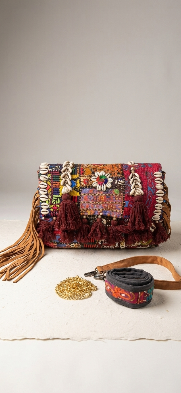 Hand Embroidered Boho Crossbody Bag with Cowrie Shells & Tassels