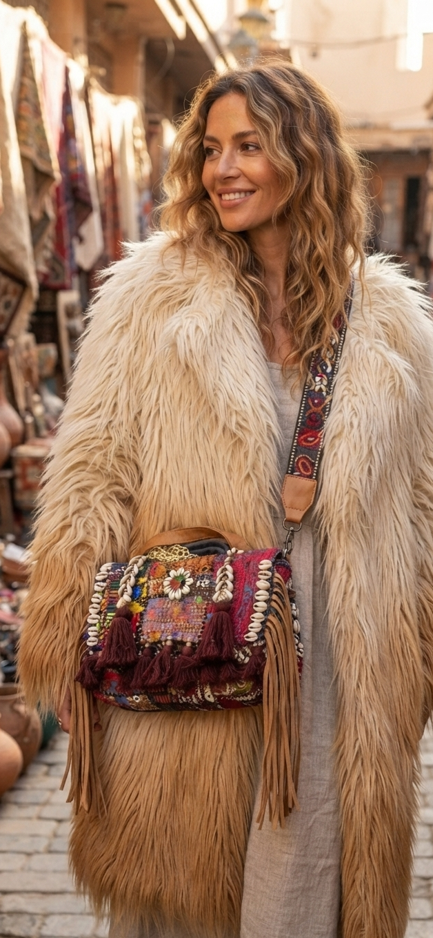 Hand Embroidered Boho Crossbody Bag with Cowrie Shells & Tassels