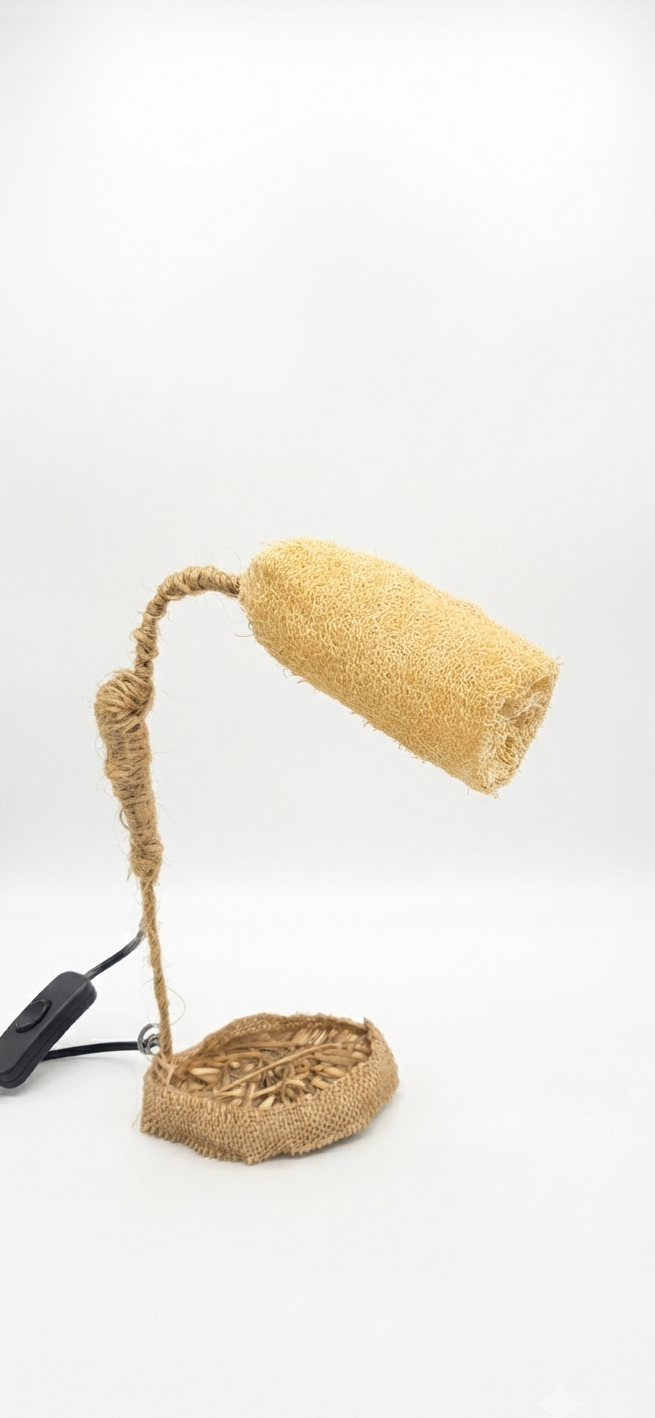 Handmade Luffa & Jute Table Lamp — Rustic Boho Nightstand Lamp with Natural Woven Shade
