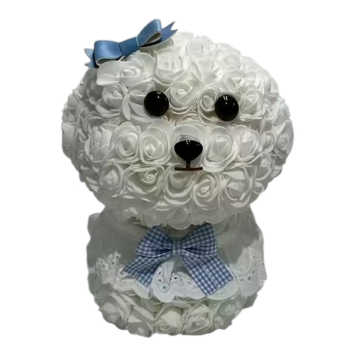 White Rose Puppy with Blue Bow | 10 Inch Everlasting Foam Rose Dog Gift