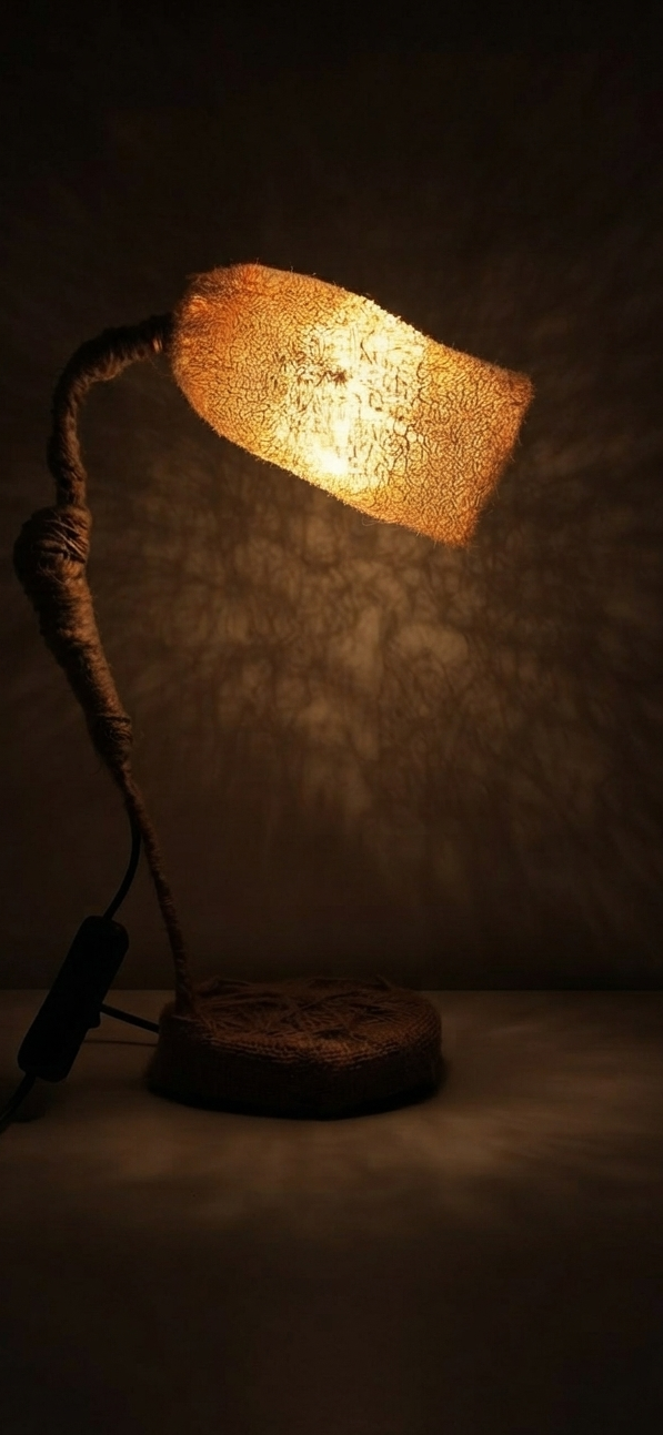 Handmade Luffa & Jute Table Lamp — Rustic Boho Nightstand Lamp with Natural Woven Shade